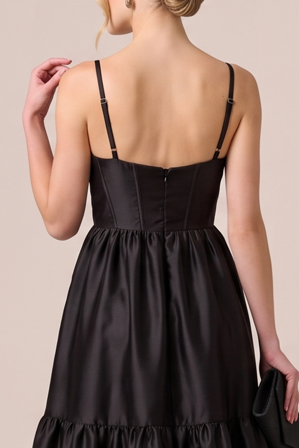 Black Corset Spaghetti Straps Ruffled Long Wedding Guest Dress
