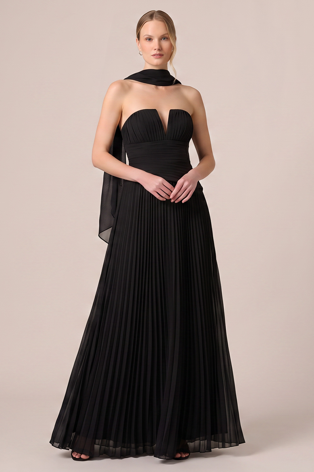 Black A-Line Strapless Pleated Long Wedding Guest Dress