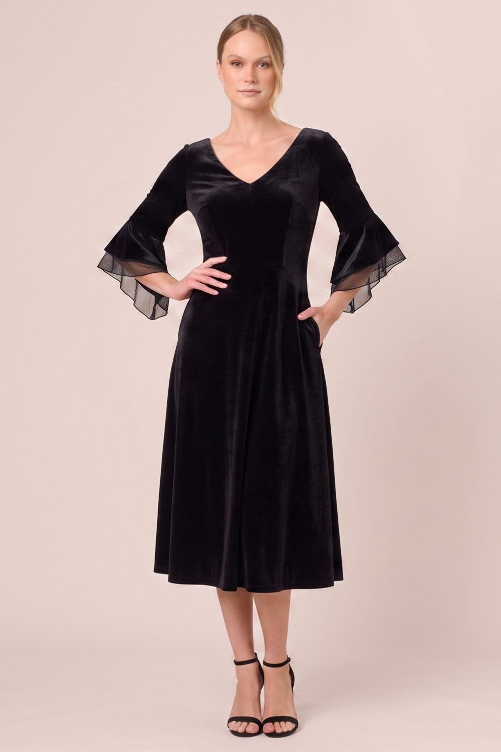 Black A-Line V-Neck Flare Sleeves Midi Holiday Party Dress with Pocket
