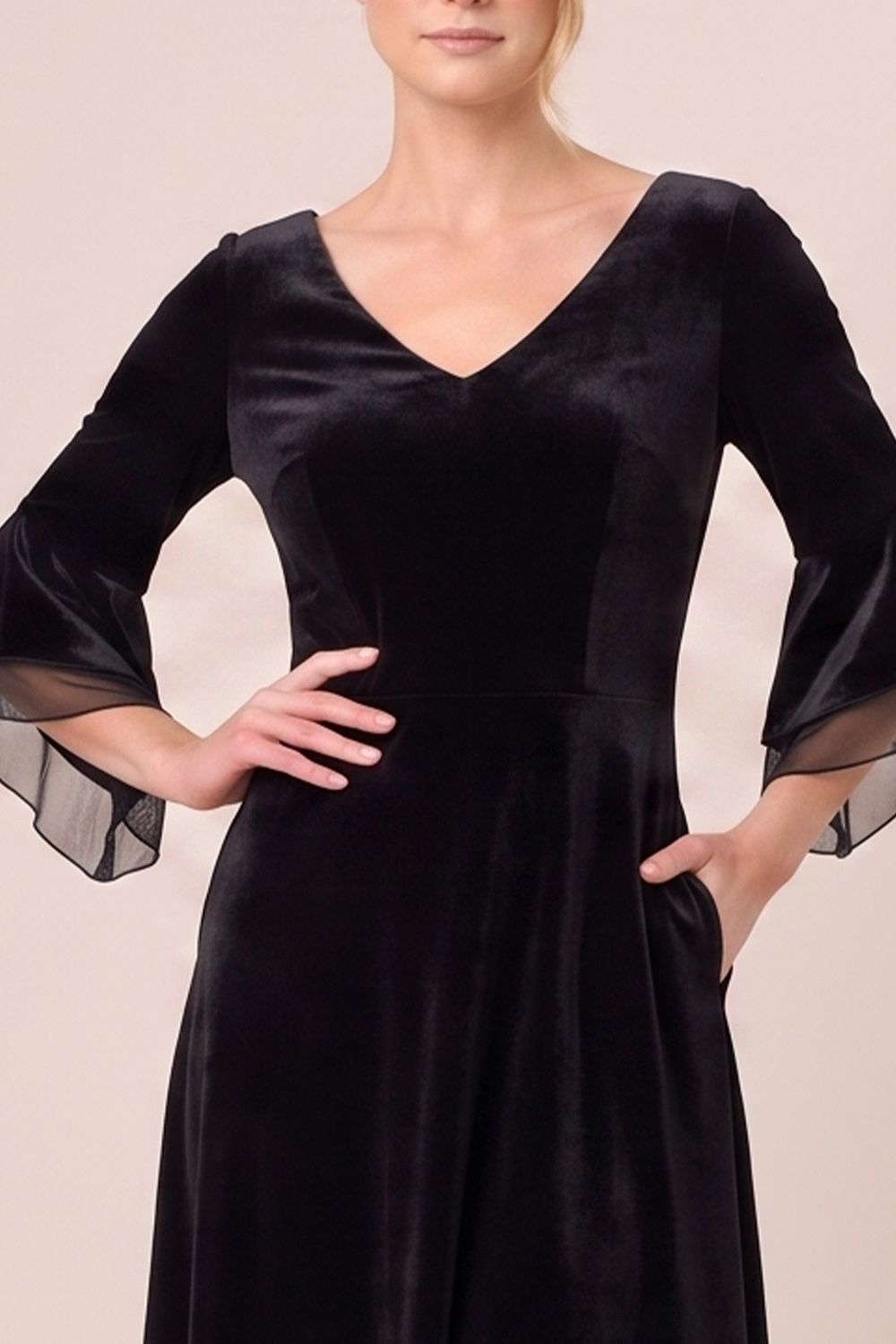 Black A-Line V-Neck Flare Sleeves Midi Holiday Party Dress with Pocket