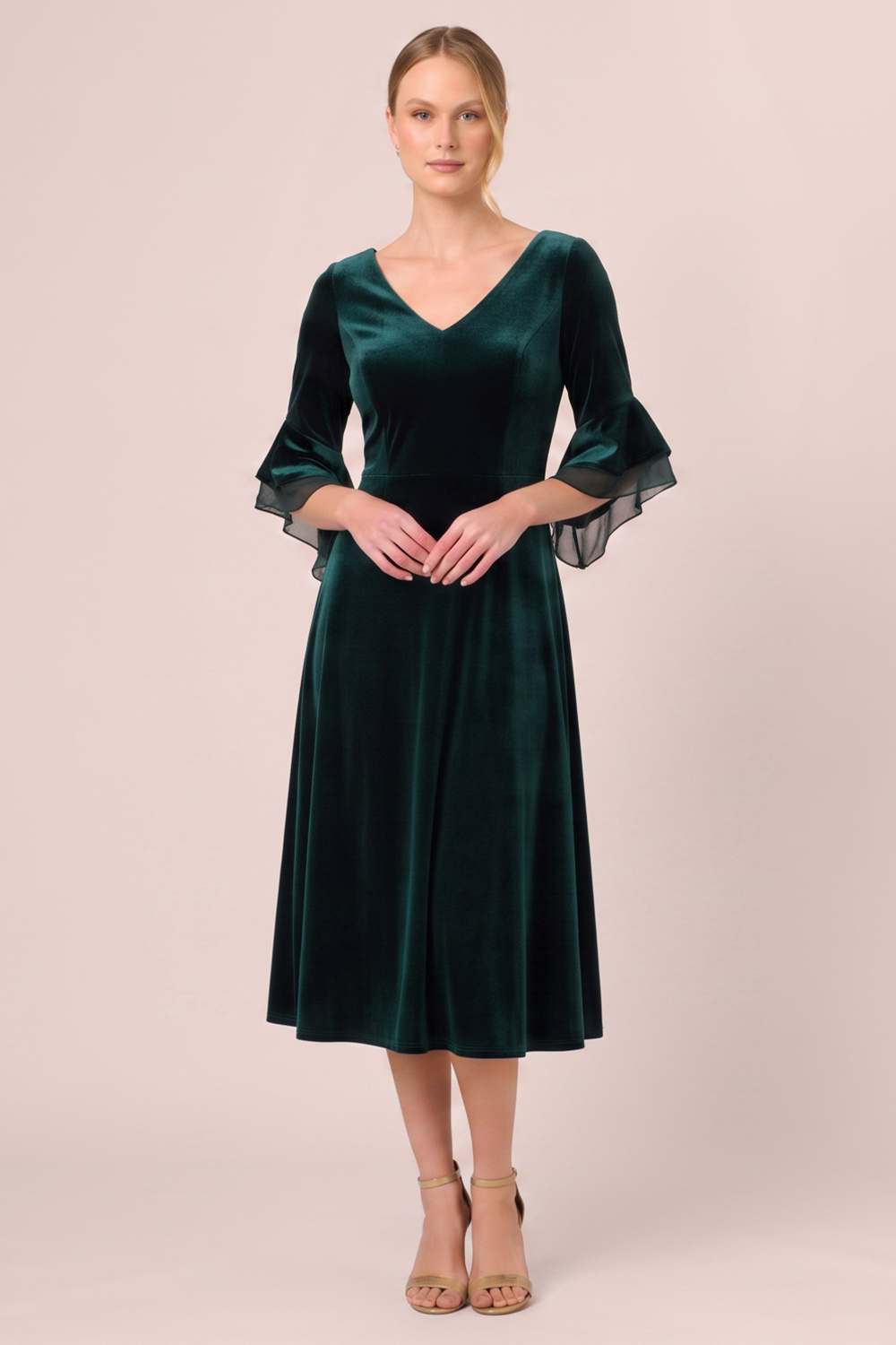 Black A-Line V-Neck Flare Sleeves Midi Holiday Party Dress with Pocket