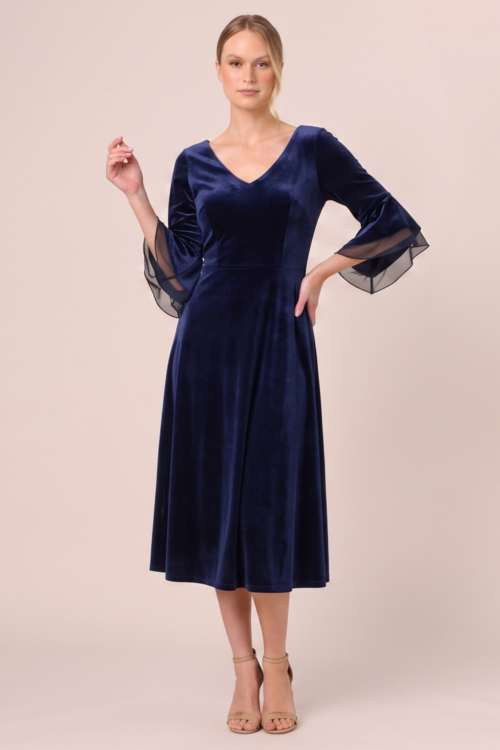 Black A-Line V-Neck Flare Sleeves Midi Holiday Party Dress with Pocket