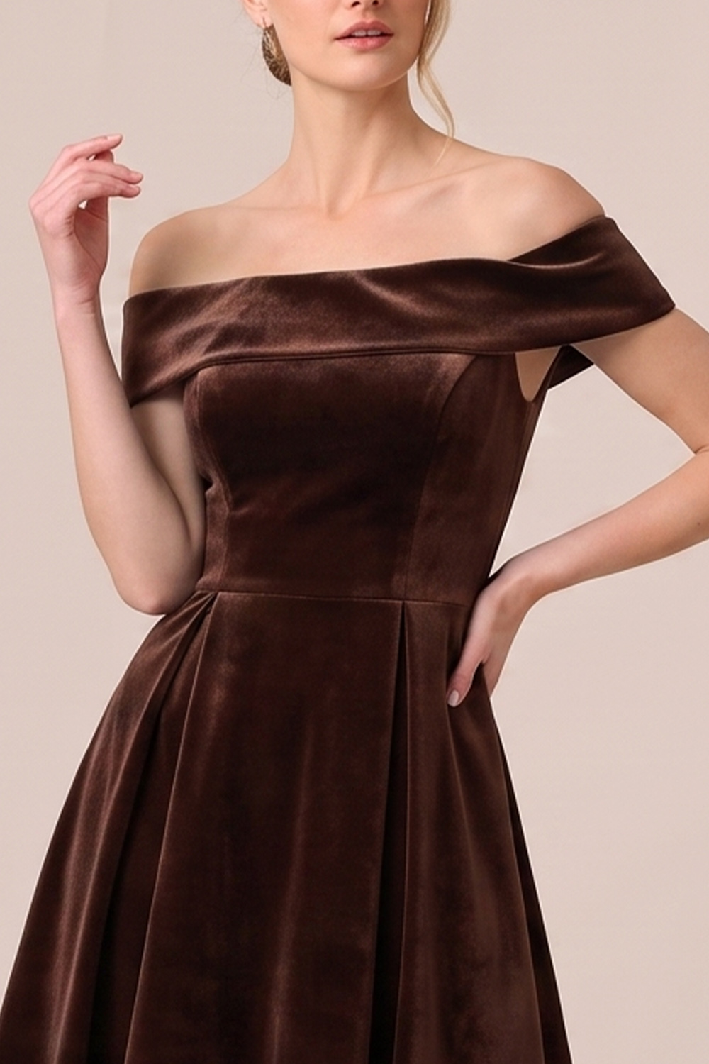 Burgundy A-Line Off the Shoulder Velvet Midi Holiday Party Dress