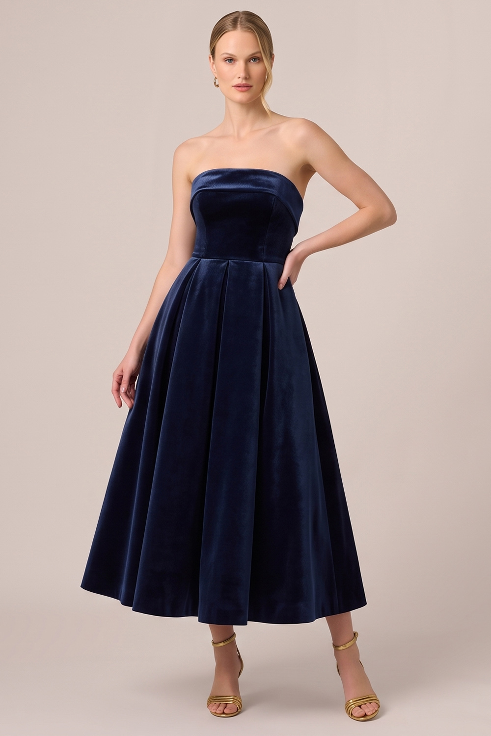 Black A-Line Strapless Velvet Midi Holiday Party Dress