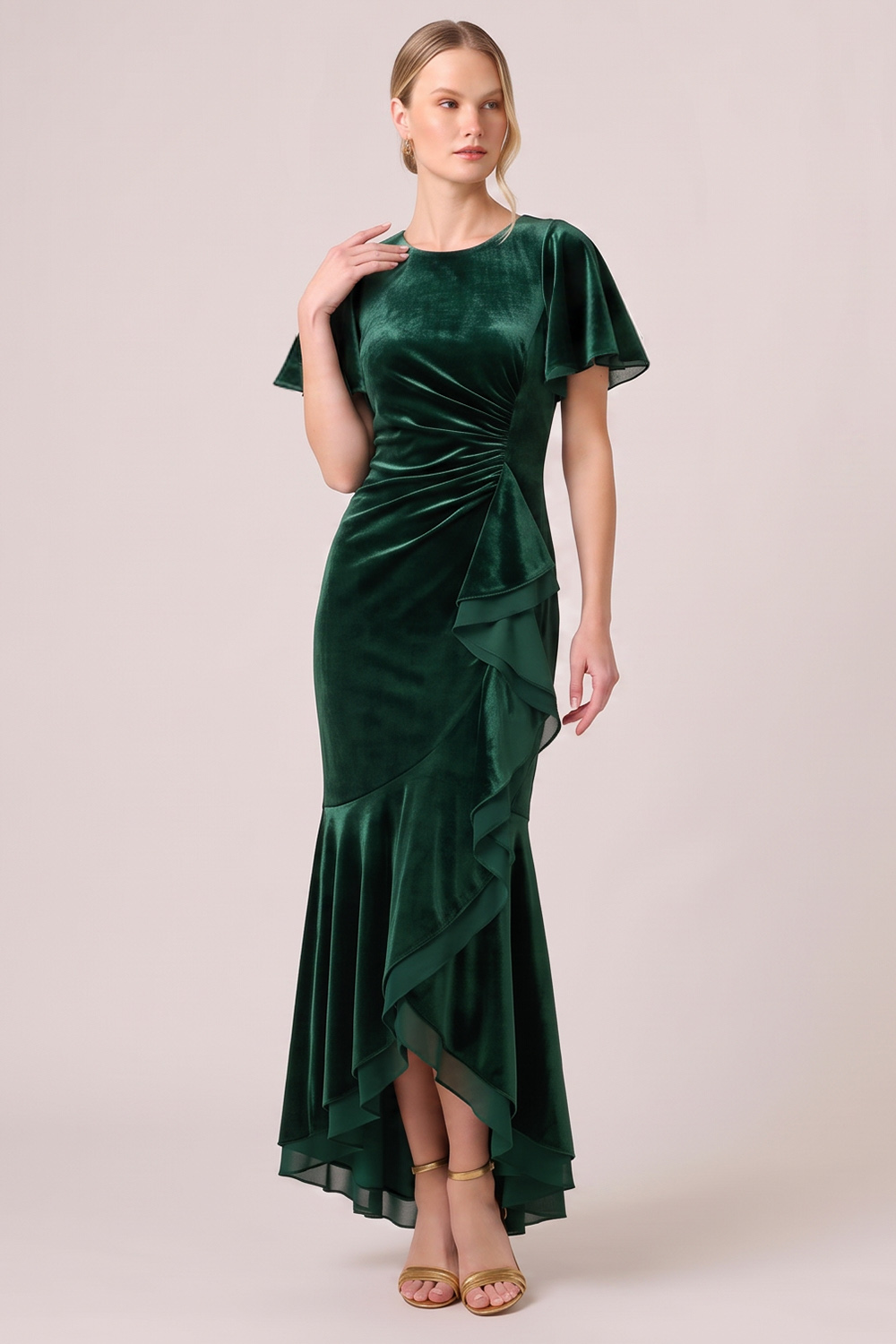 Dark Green Mermaid Ruched High-Low Holiday Party Dress with Ruffles
