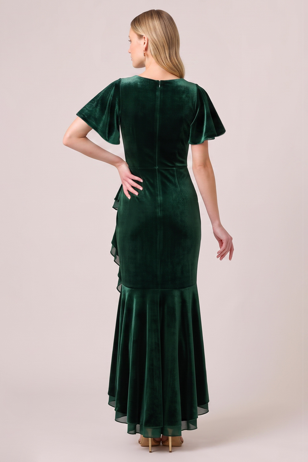 Dark Green Mermaid Ruched High-Low Holiday Party Dress with Ruffles
