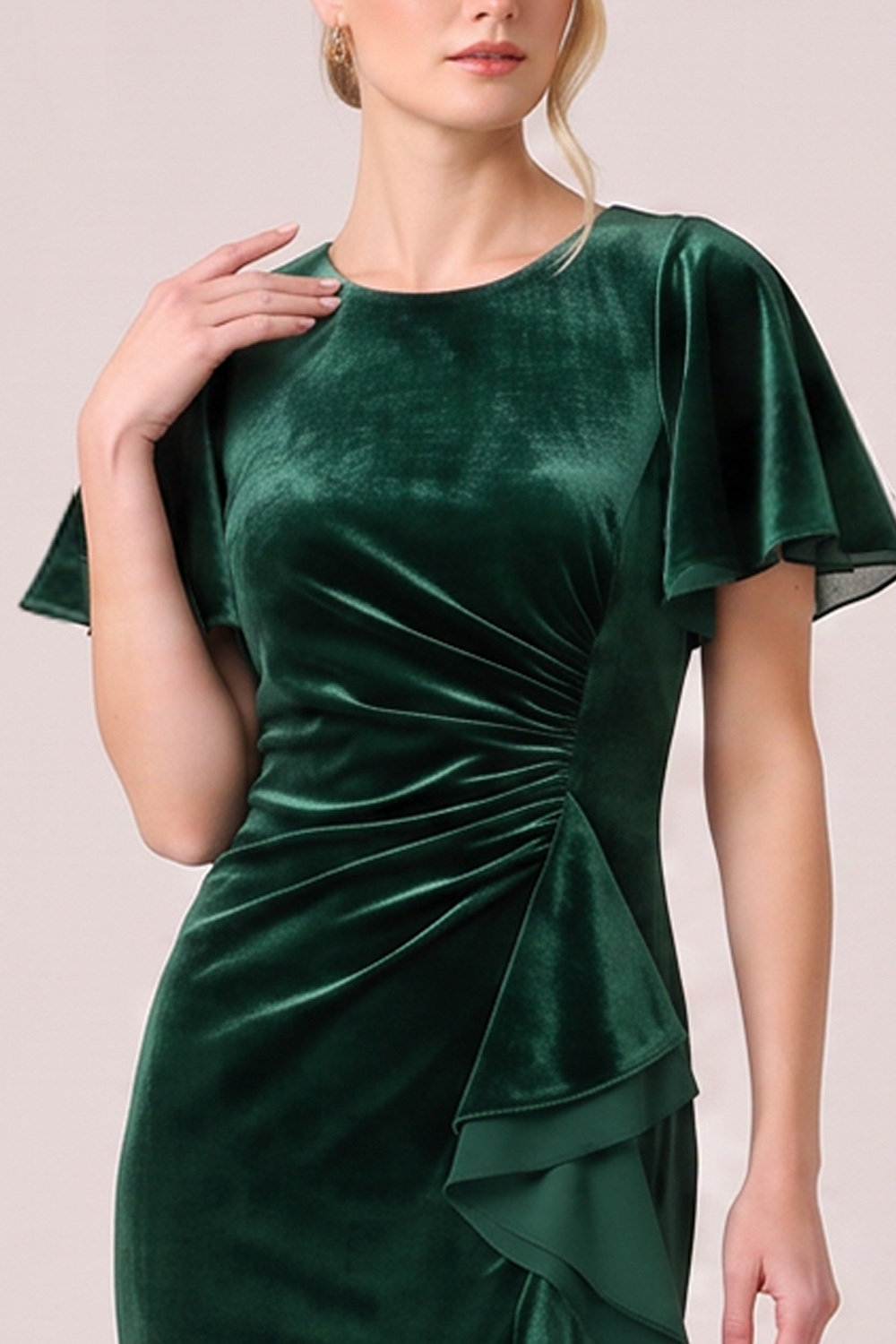 Dark Green Mermaid Ruched High-Low Holiday Party Dress with Ruffles