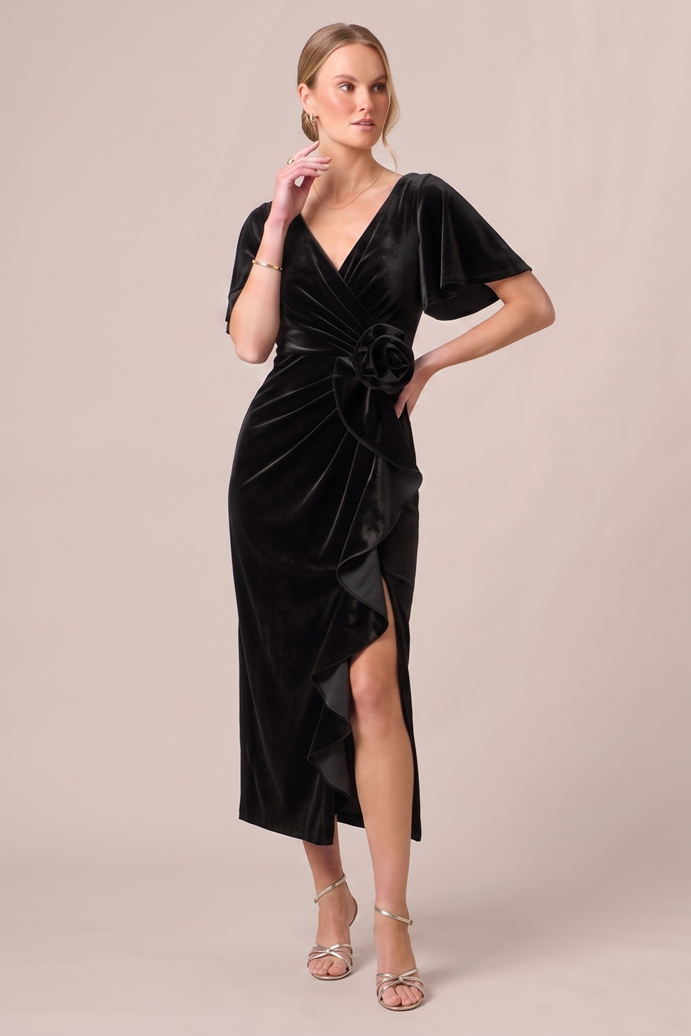 Black Sheath Ruffled Ruched V-Neck Midi Wedding guest Dress with 3D Flower
