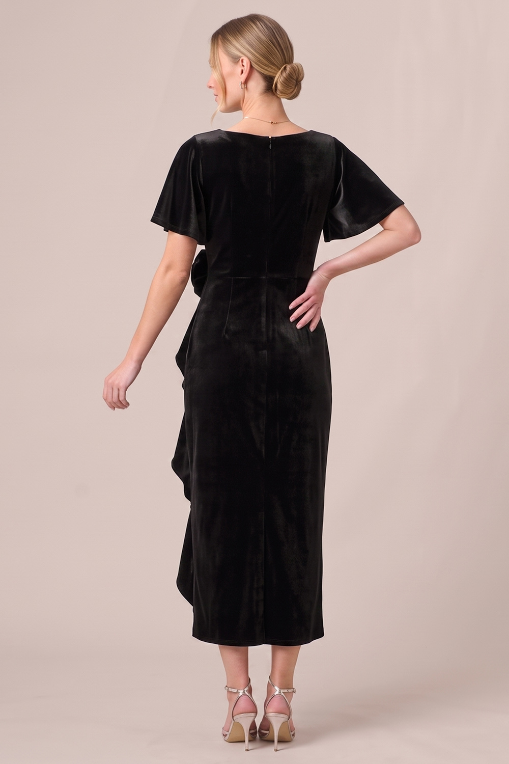 Black Sheath Ruffled Ruched V-Neck Midi Wedding guest Dress with 3D Flower