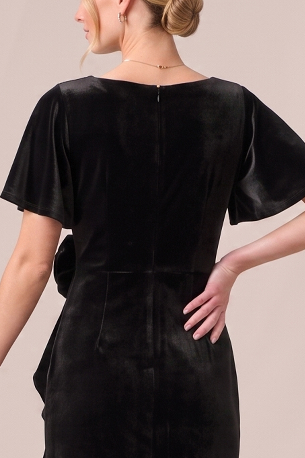 Black Sheath Ruffled Ruched V-Neck Midi Wedding guest Dress with 3D Flower