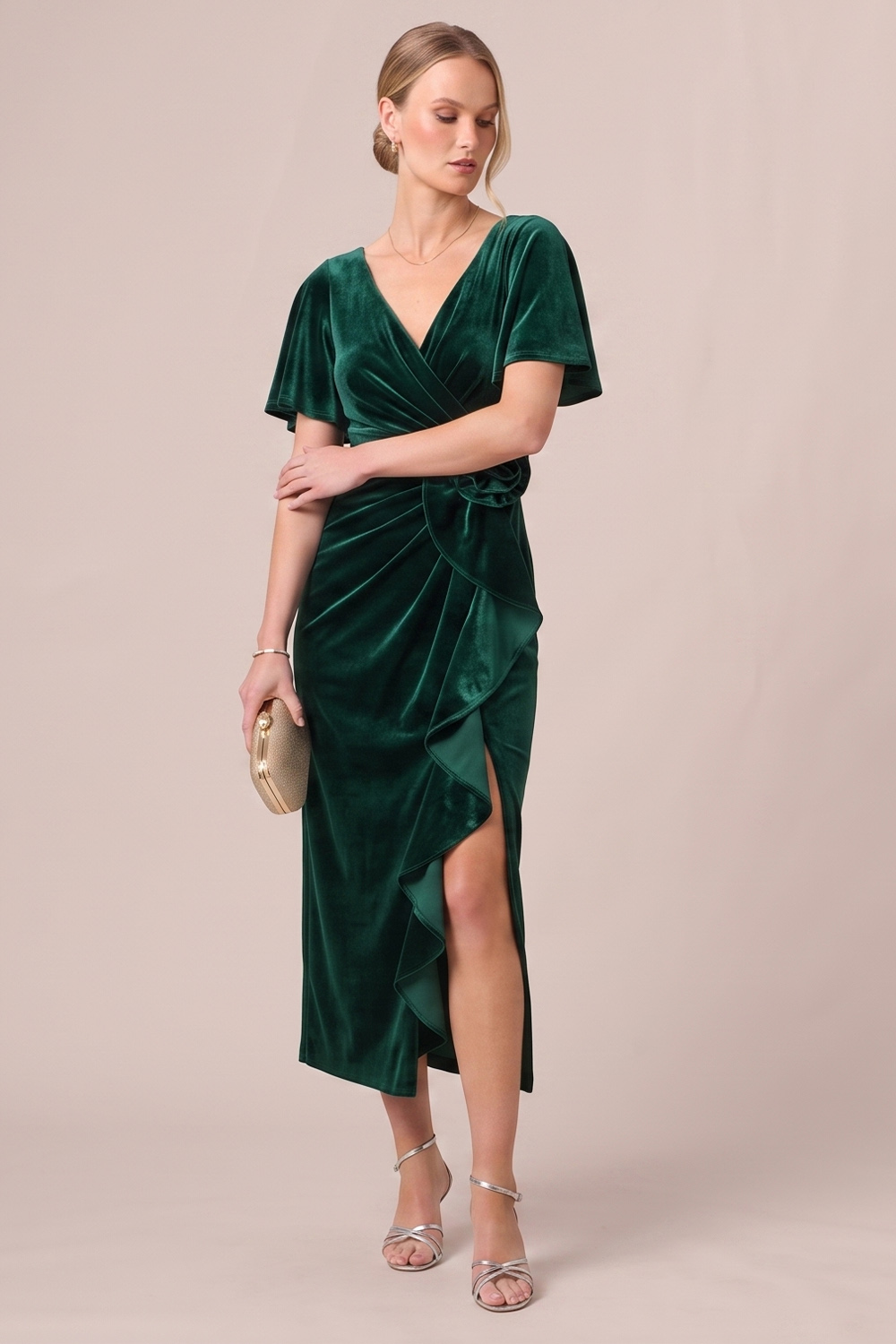 Black Sheath Ruffled Ruched V-Neck Midi Wedding guest Dress with 3D Flower