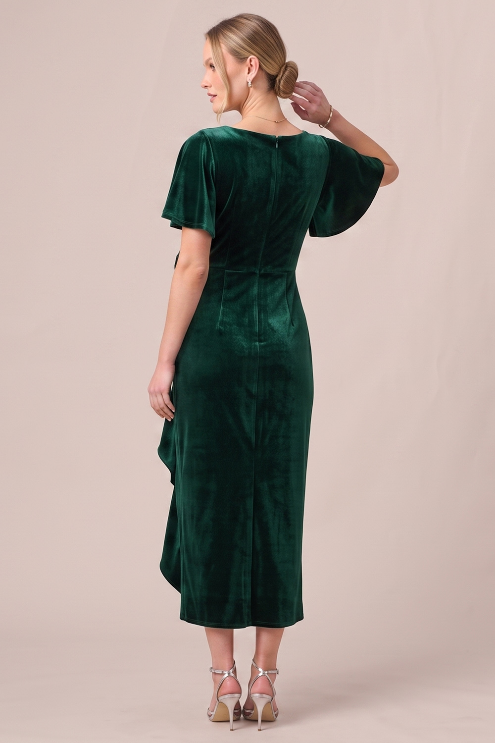 Black Sheath Ruffled Ruched V-Neck Midi Wedding guest Dress with 3D Flower
