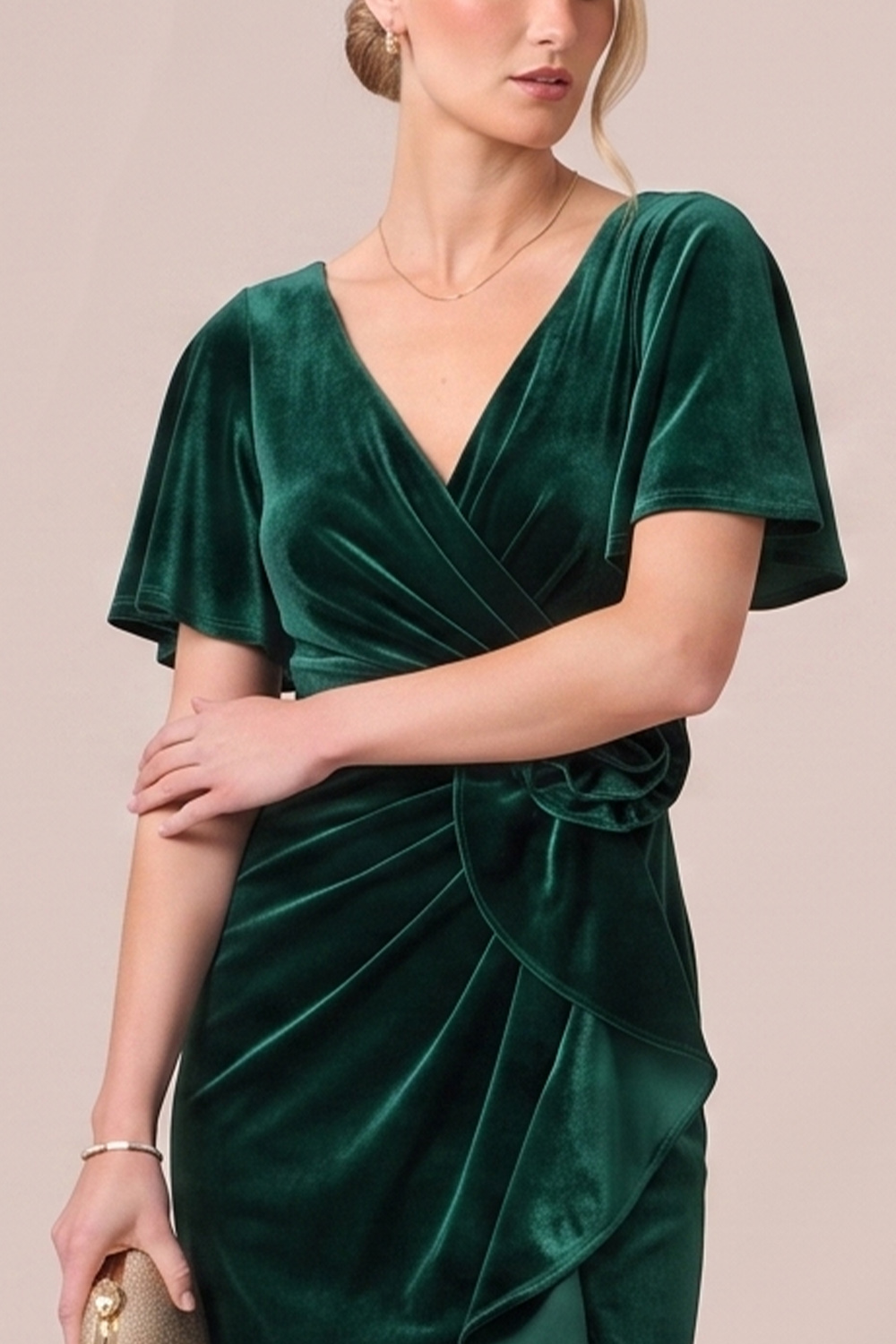 Black Sheath Ruffled Ruched V-Neck Midi Wedding guest Dress with 3D Flower