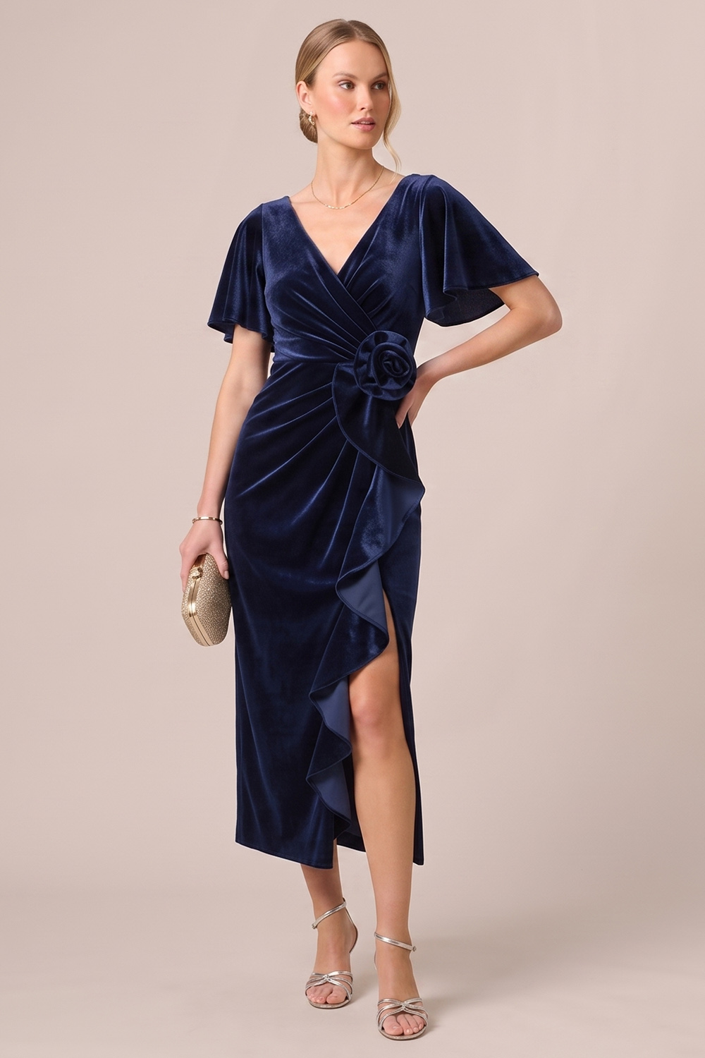 Black Sheath Ruffled Ruched V-Neck Midi Wedding guest Dress with 3D Flower