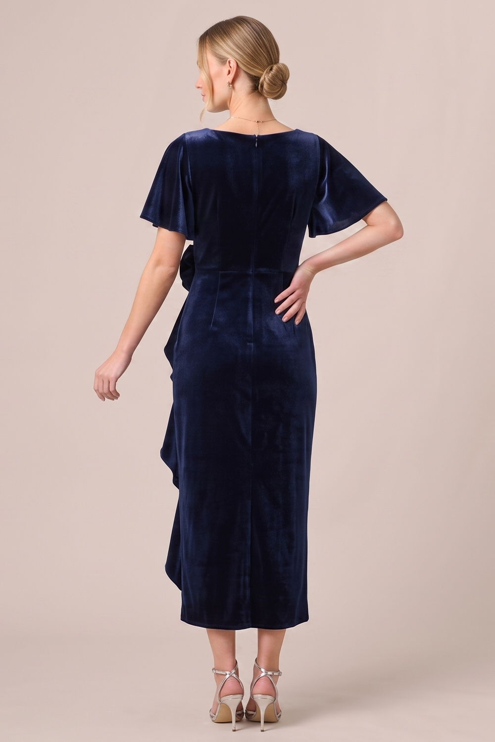 Black Sheath Ruffled Ruched V-Neck Midi Wedding guest Dress with 3D Flower