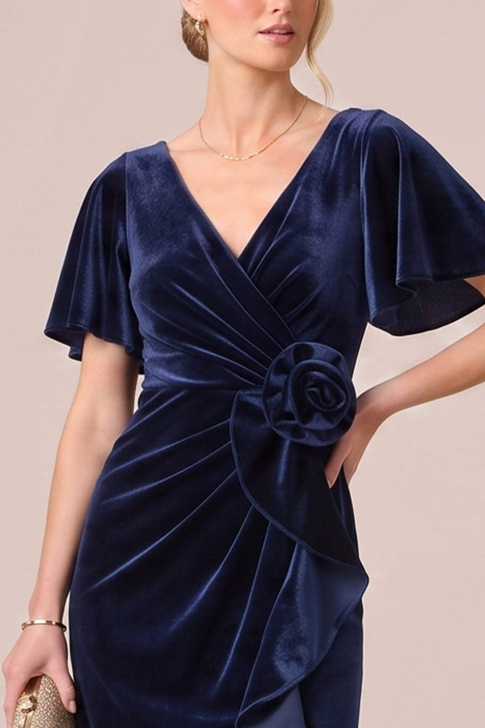 Black Sheath Ruffled Ruched V-Neck Midi Wedding guest Dress with 3D Flower