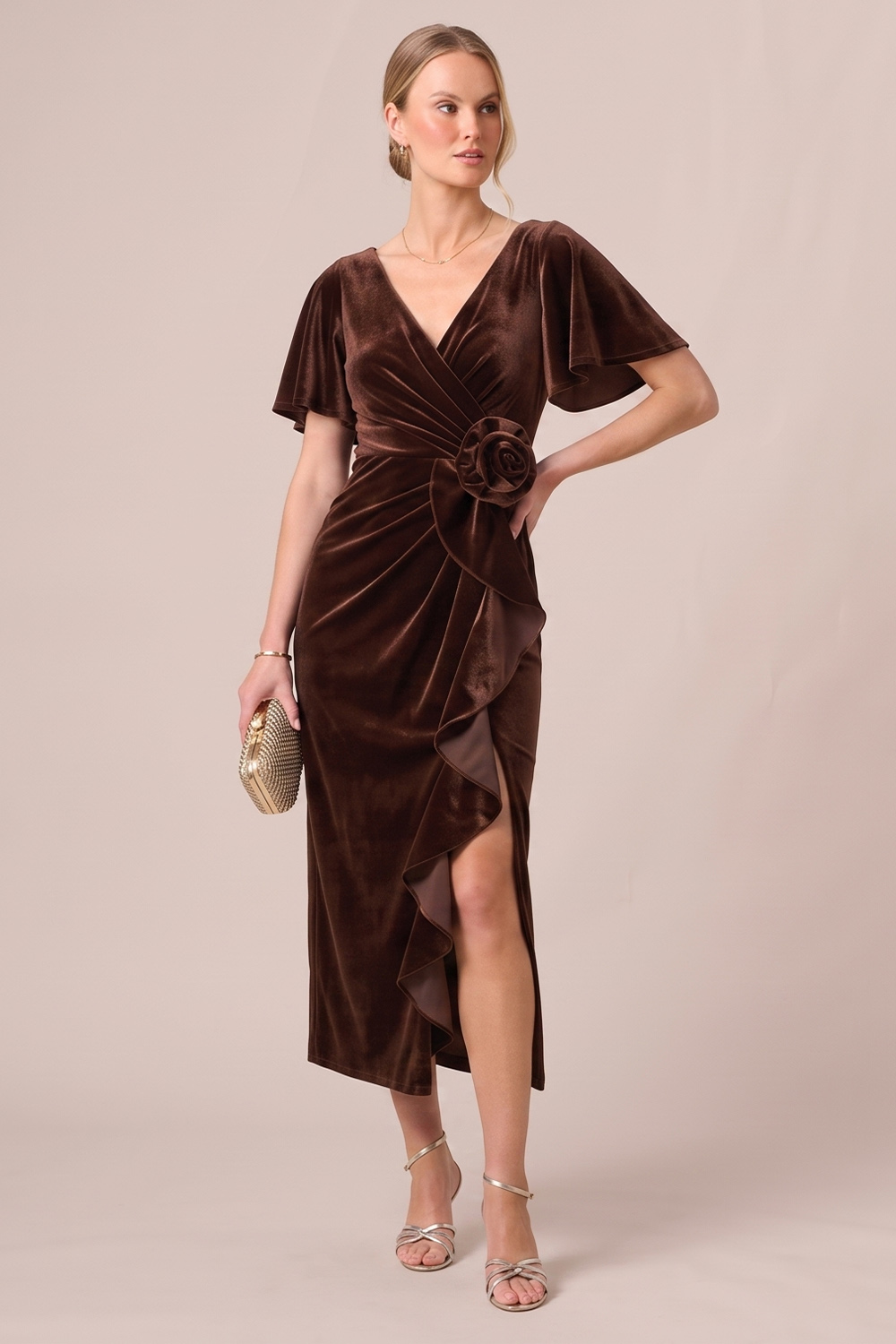 Black Sheath Ruffled Ruched V-Neck Midi Wedding guest Dress with 3D Flower