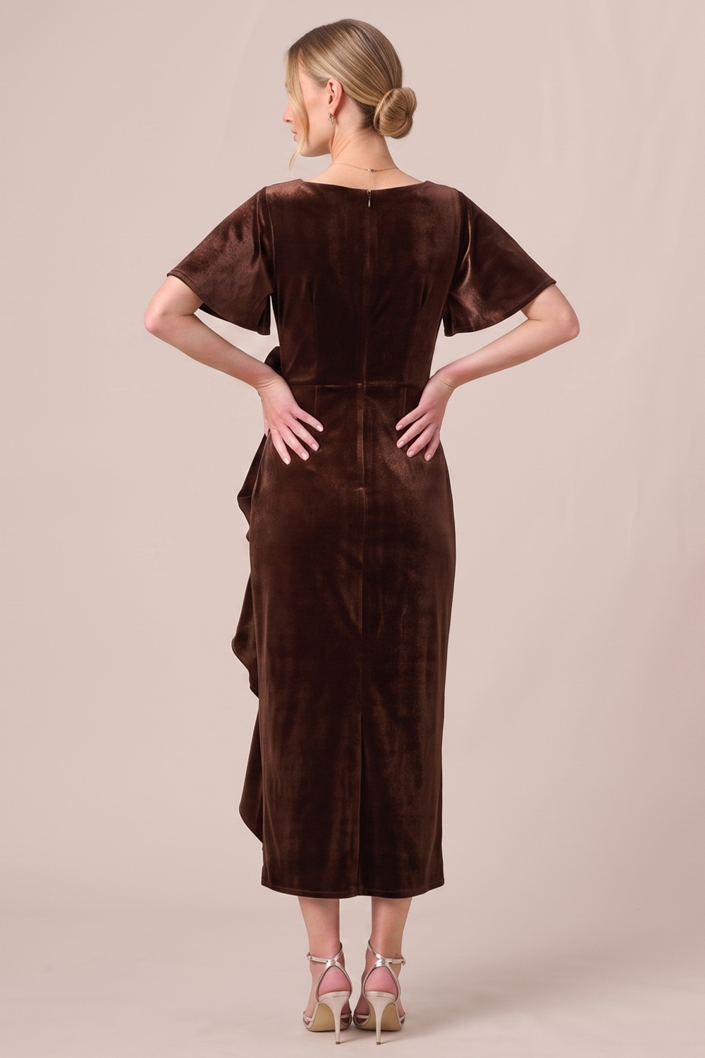 Black Sheath Ruffled Ruched V-Neck Midi Wedding guest Dress with 3D Flower
