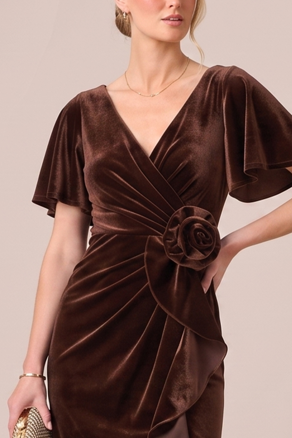 Black Sheath Ruffled Ruched V-Neck Midi Wedding guest Dress with 3D Flower
