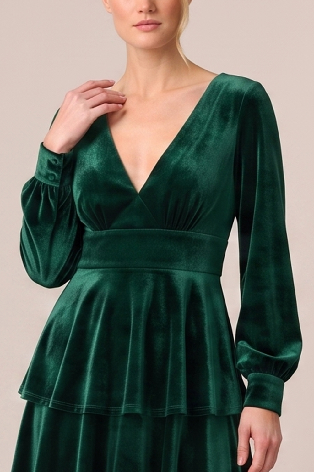 Brown Velvet V-Neck Tiered Long Sleeves Holiday Party Dress