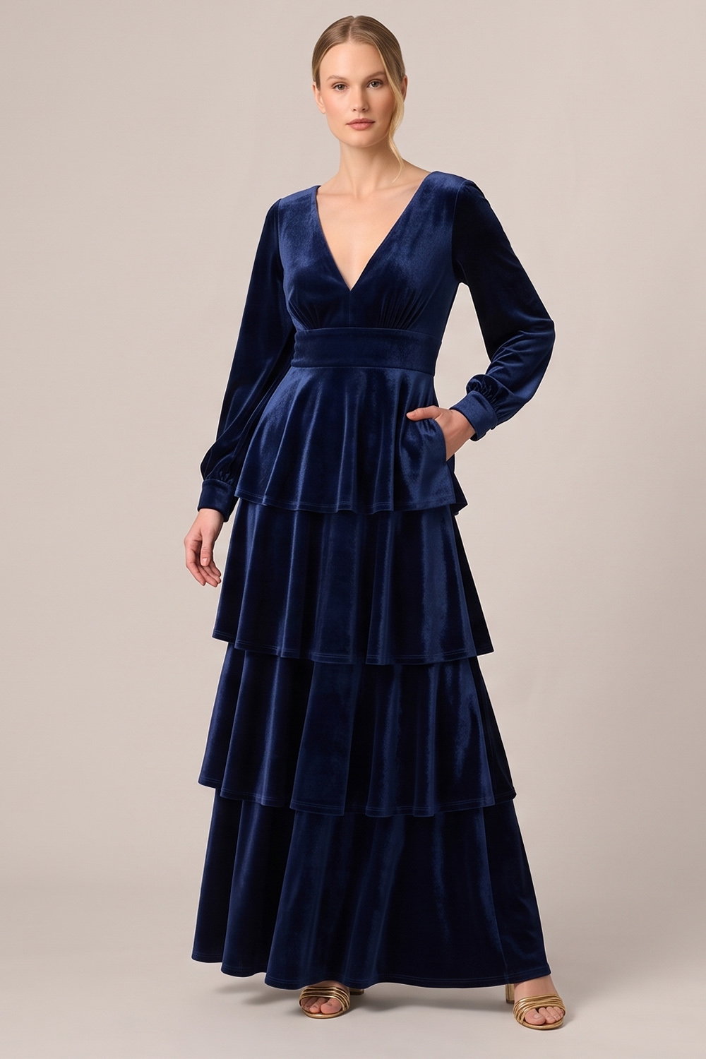 Brown Velvet V-Neck Tiered Long Sleeves Holiday Party Dress