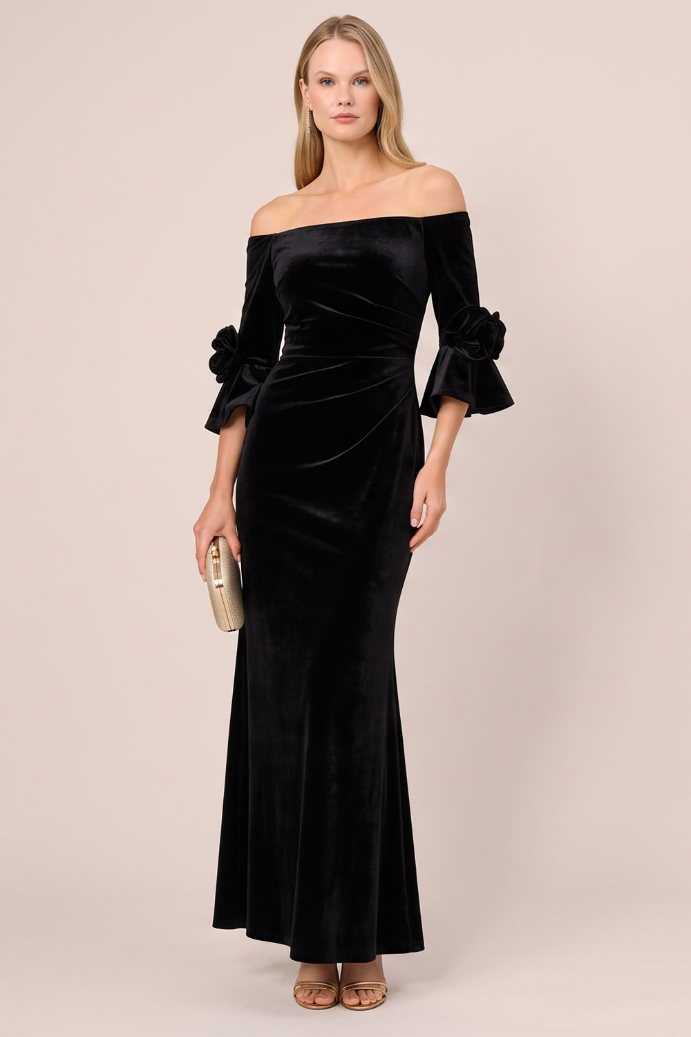 Mermaid Black Ruched Off the Shoulder Long Wedding Guest Dress with 3D Flowers