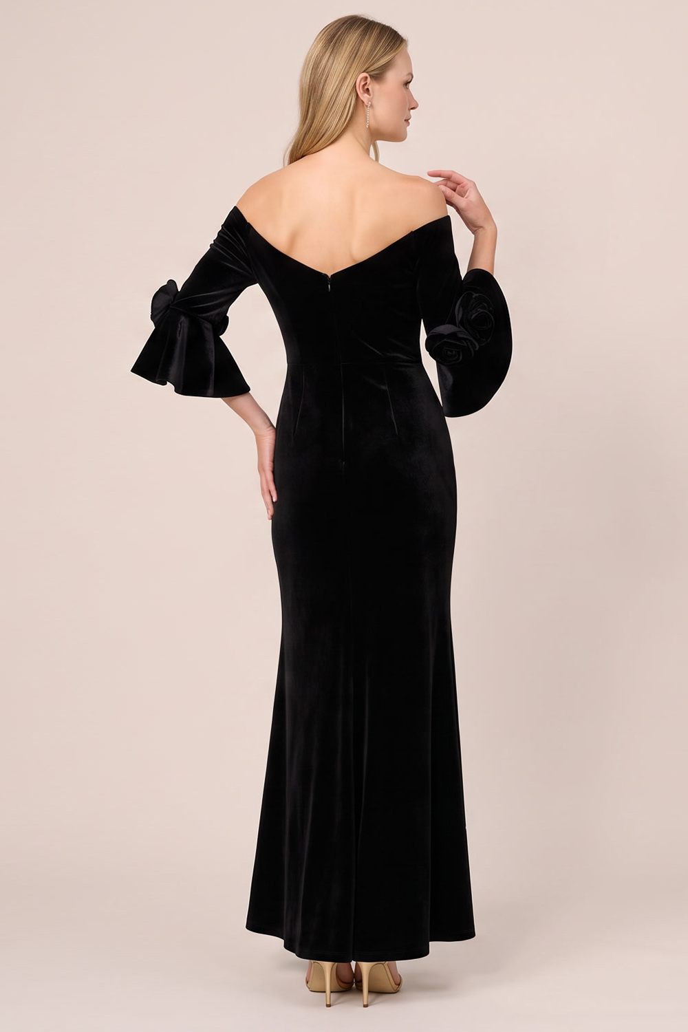 Mermaid Black Ruched Off the Shoulder Long Wedding Guest Dress with 3D Flowers