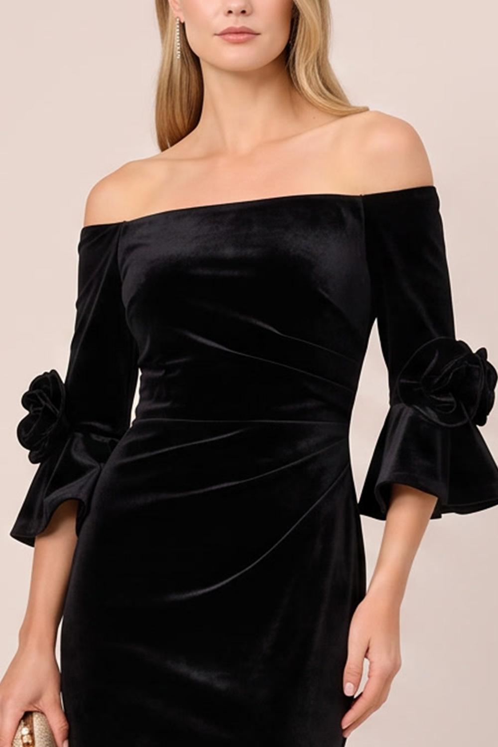 Mermaid Black Ruched Off the Shoulder Long Wedding Guest Dress with 3D Flowers