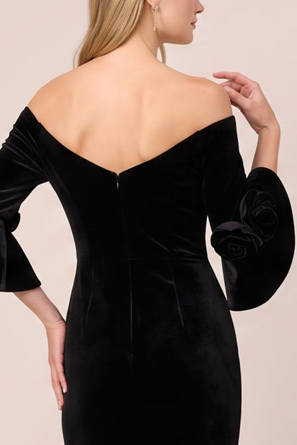 Mermaid Black Ruched Off the Shoulder Long Wedding Guest Dress with 3D Flowers