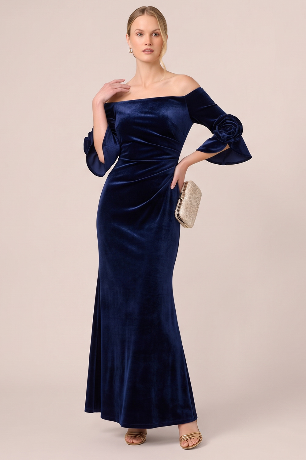 Mermaid Black Ruched Off the Shoulder Long Wedding Guest Dress with 3D Flowers