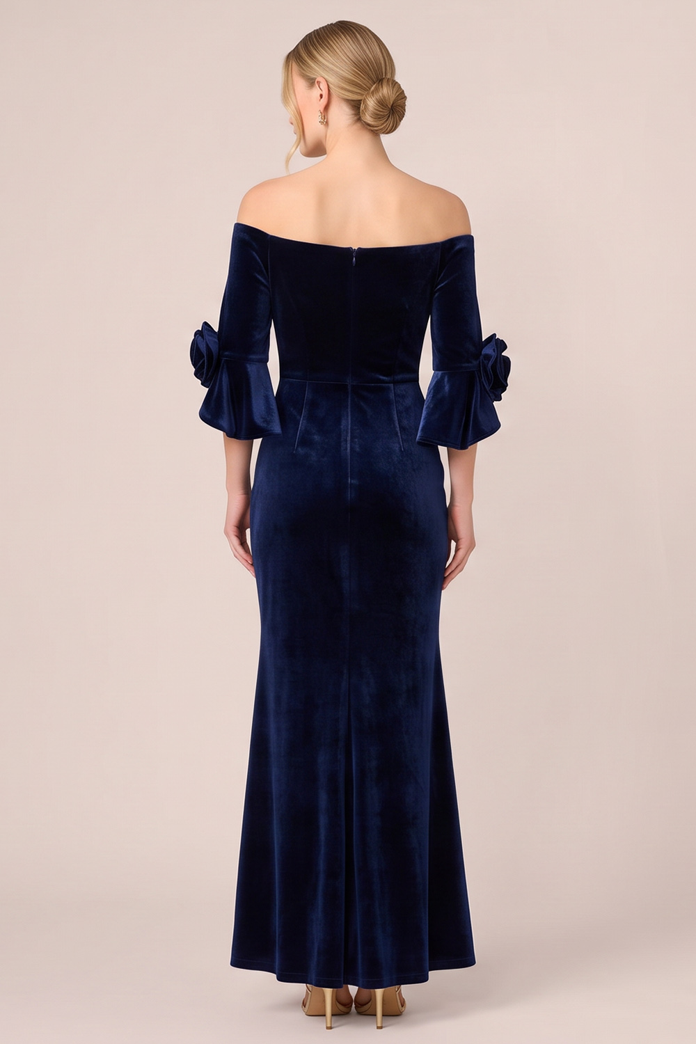 Mermaid Black Ruched Off the Shoulder Long Wedding Guest Dress with 3D Flowers