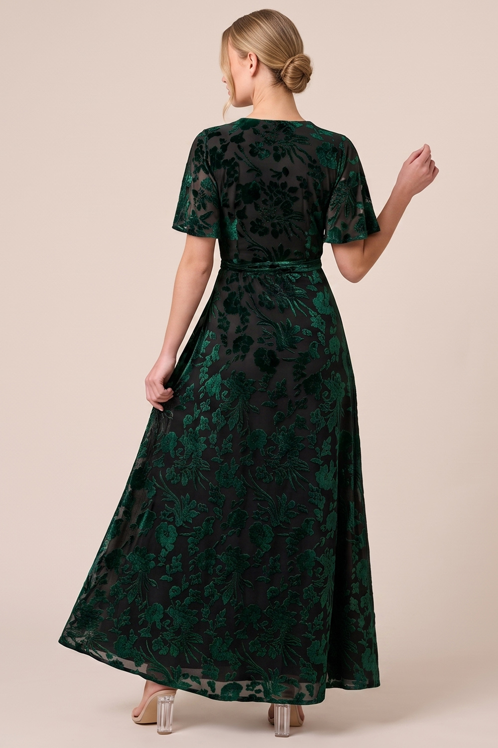 Brown A-Line V-Neck Long Floral Holiday Party Dress with Slit