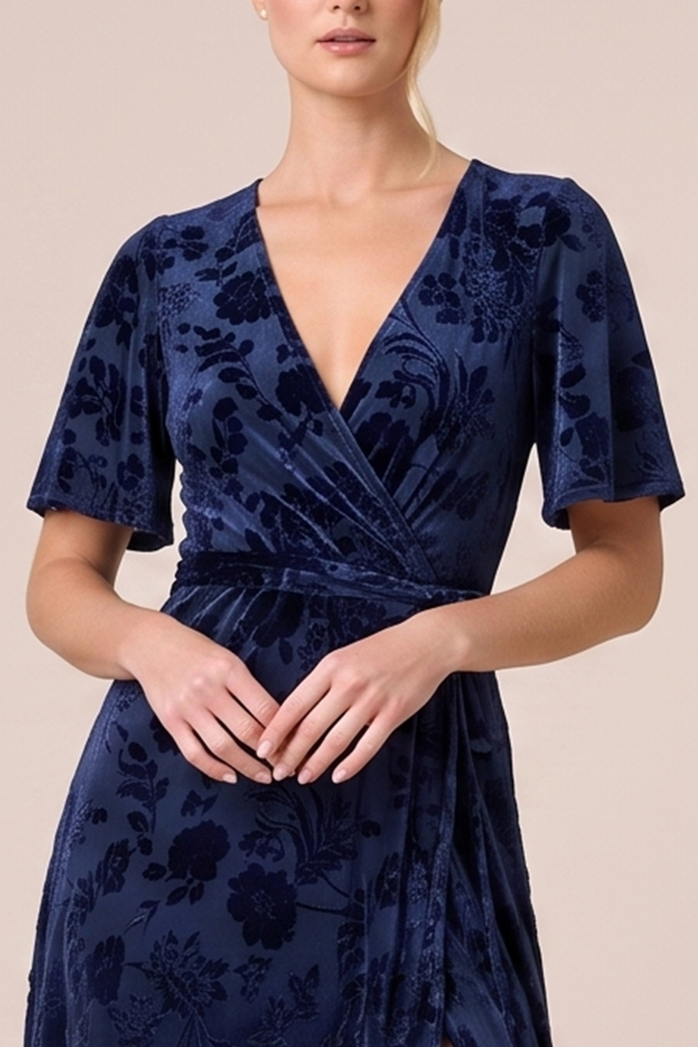 Brown A-Line V-Neck Long Floral Holiday Party Dress with Slit