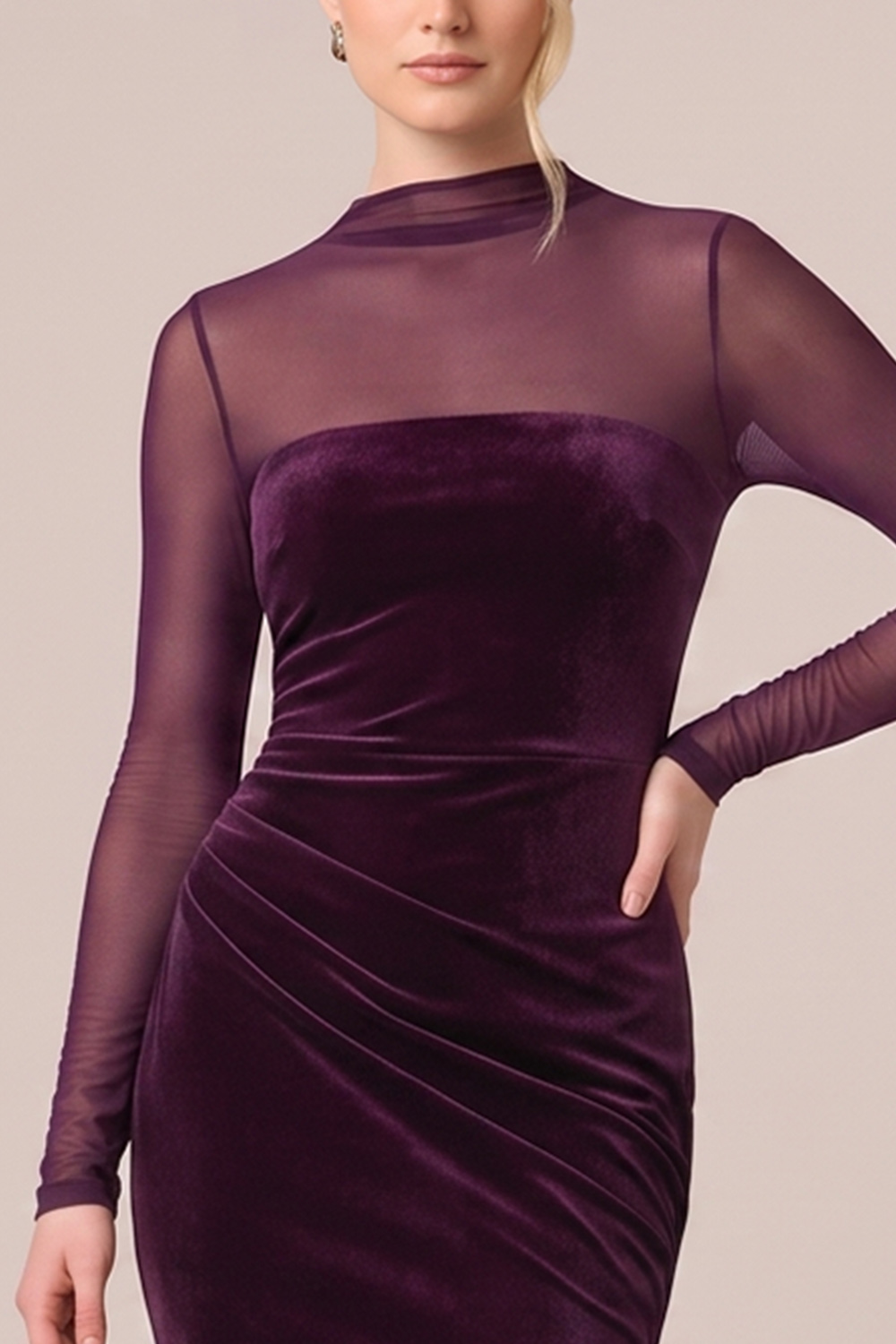 Black Mermaid Illusion High Neck Velvet Long Sleeves Holiday Party Dress