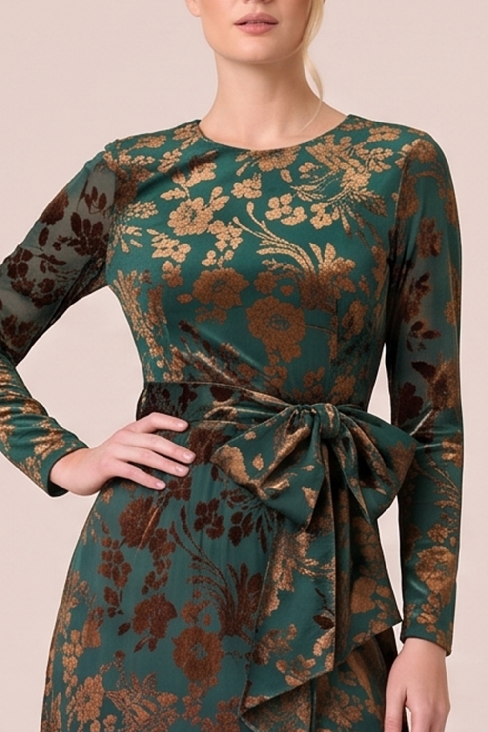 Brown A-Line Round Neck Floral Long Sleeves Holiday Party Dress