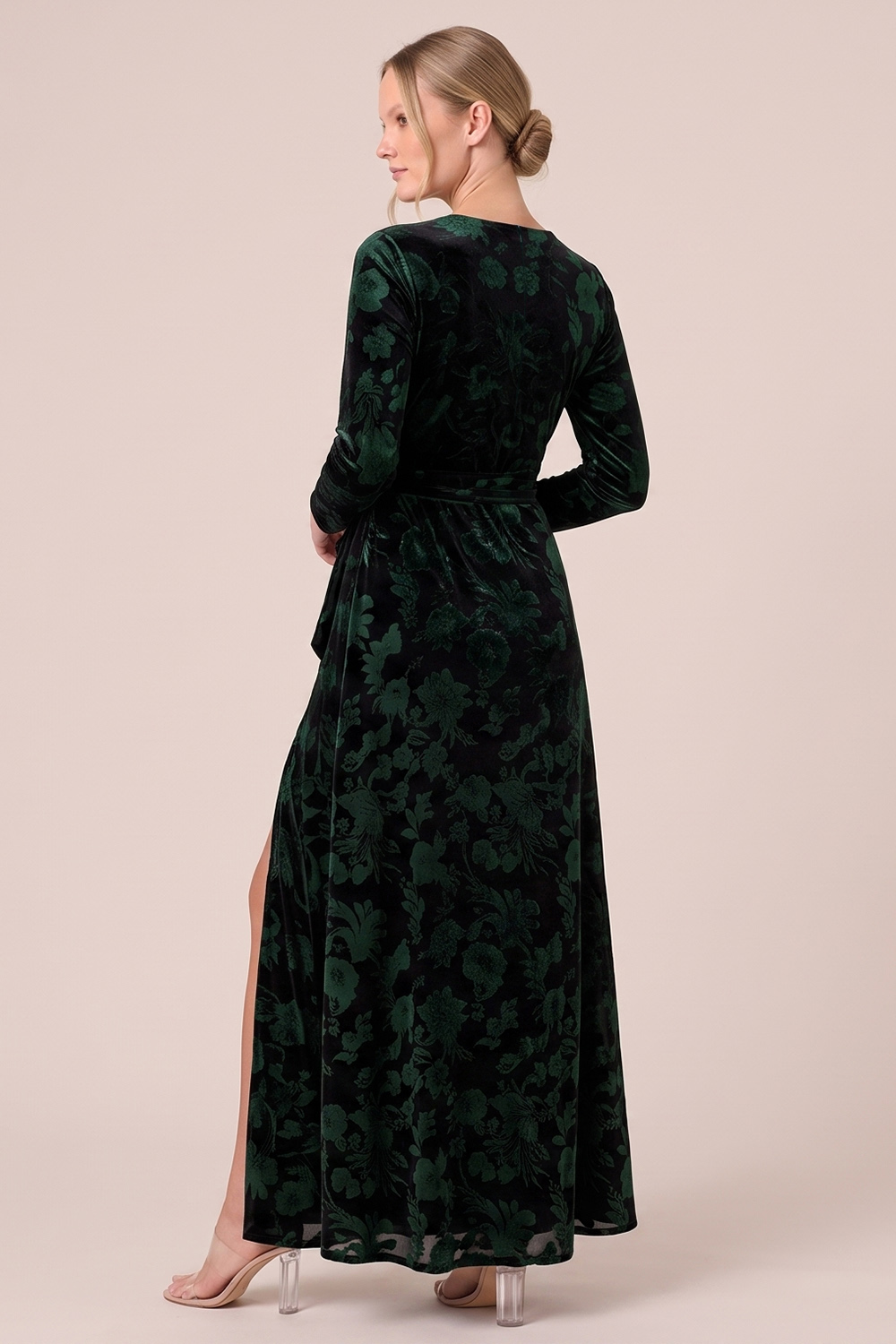 Brown A-Line Round Neck Floral Long Sleeves Holiday Party Dress