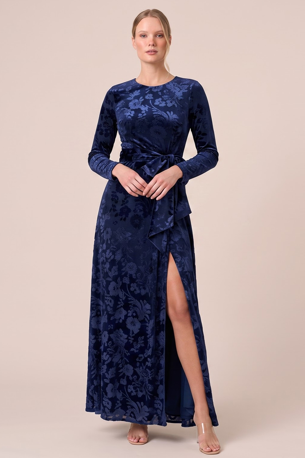 Brown A-Line Round Neck Floral Long Sleeves Holiday Party Dress