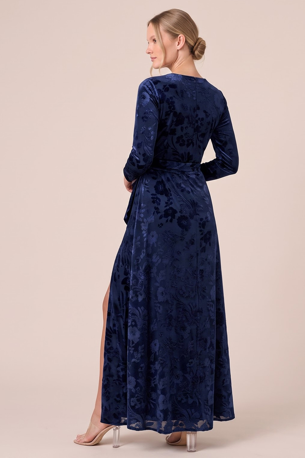 Brown A-Line Round Neck Floral Long Sleeves Holiday Party Dress