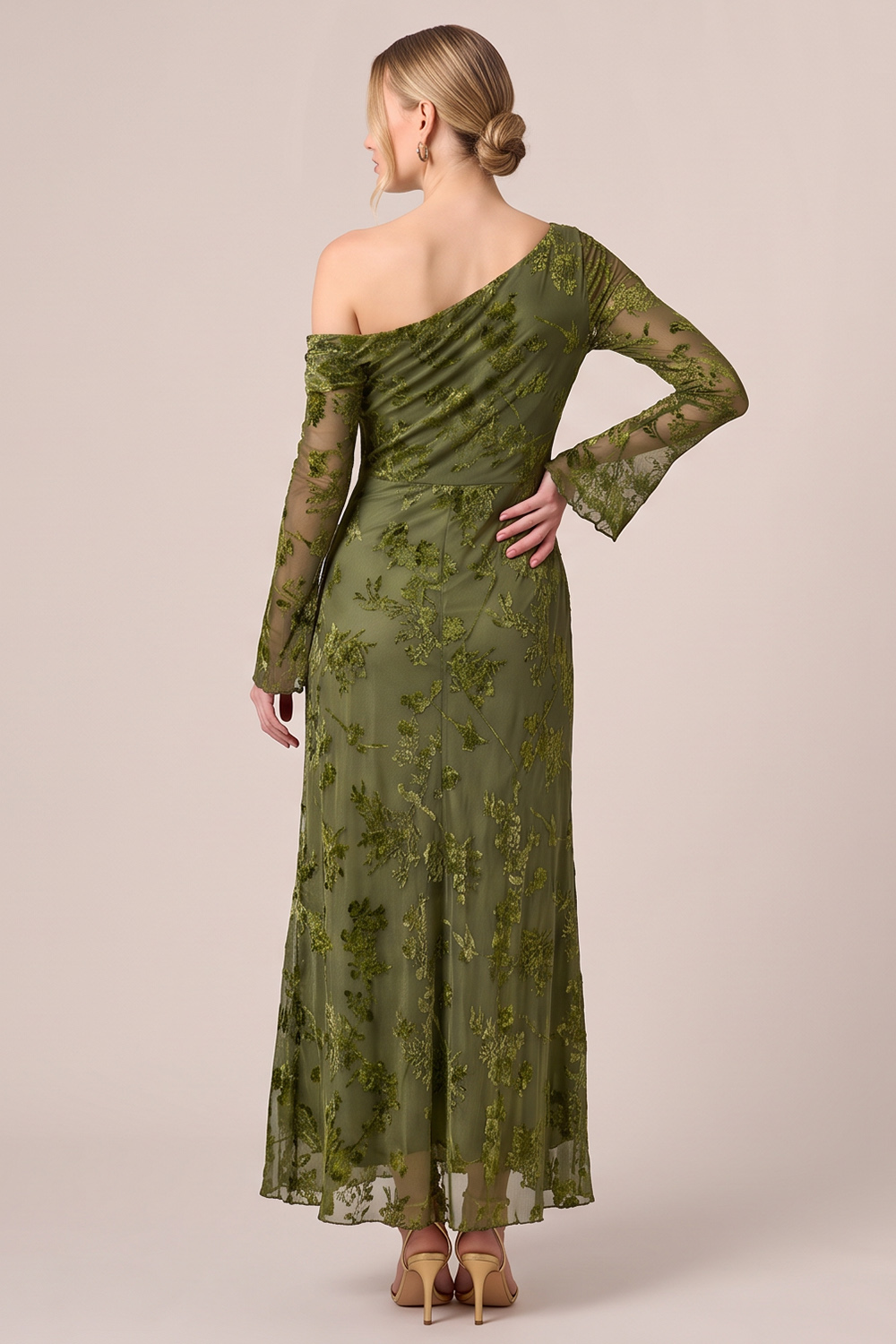 Green Floral Sheath Asymmetrical Neck Long Wedding Guest Dress