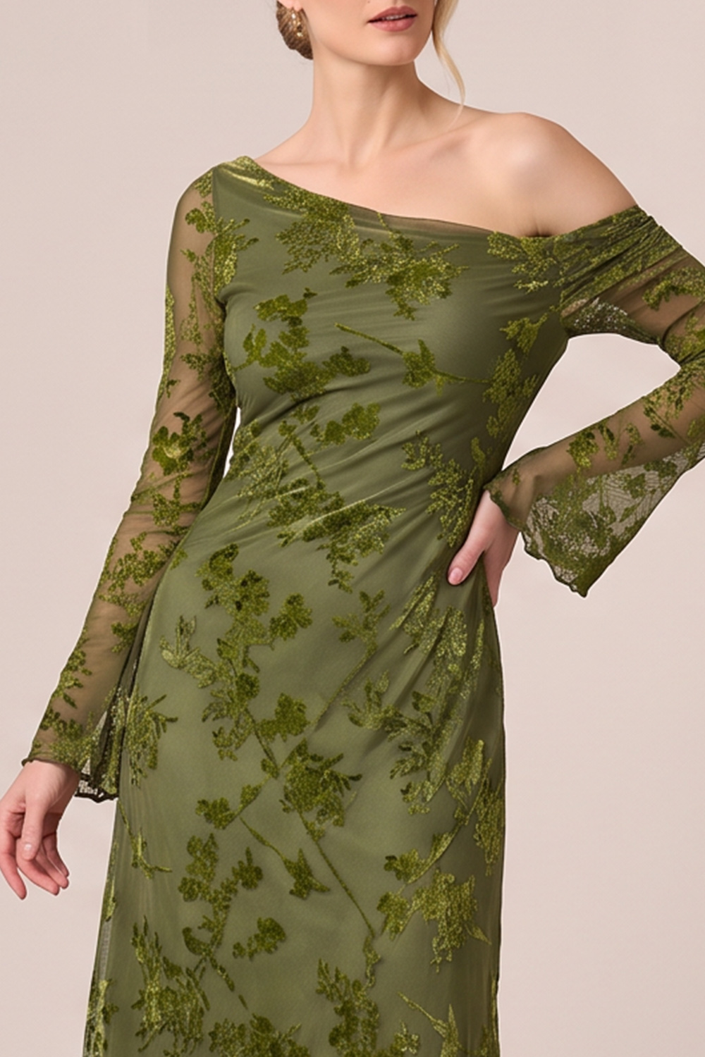Green Floral Sheath Asymmetrical Neck Long Wedding Guest Dress