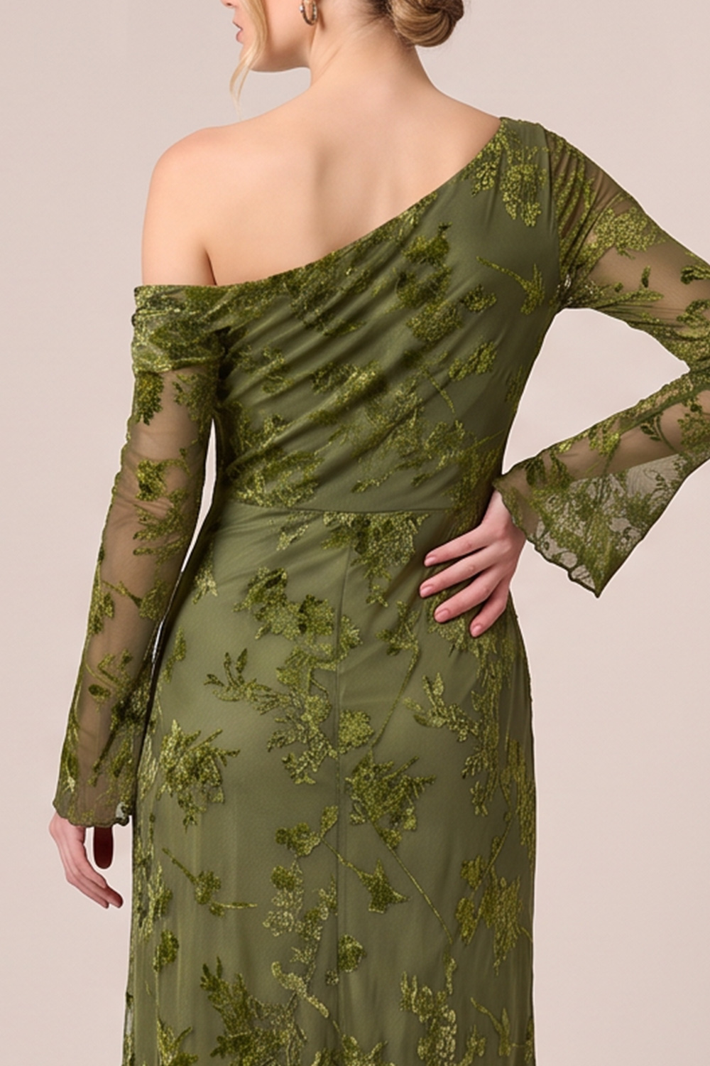 Green Floral Sheath Asymmetrical Neck Long Wedding Guest Dress