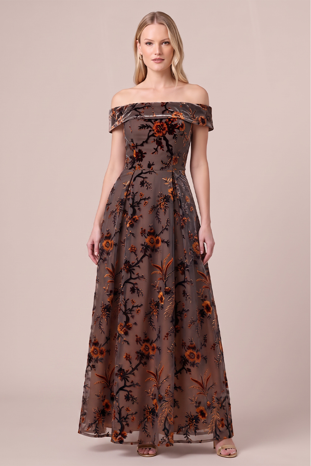 Brown A-Line Off the Shoulder Floral Long Wedding Guest Dress