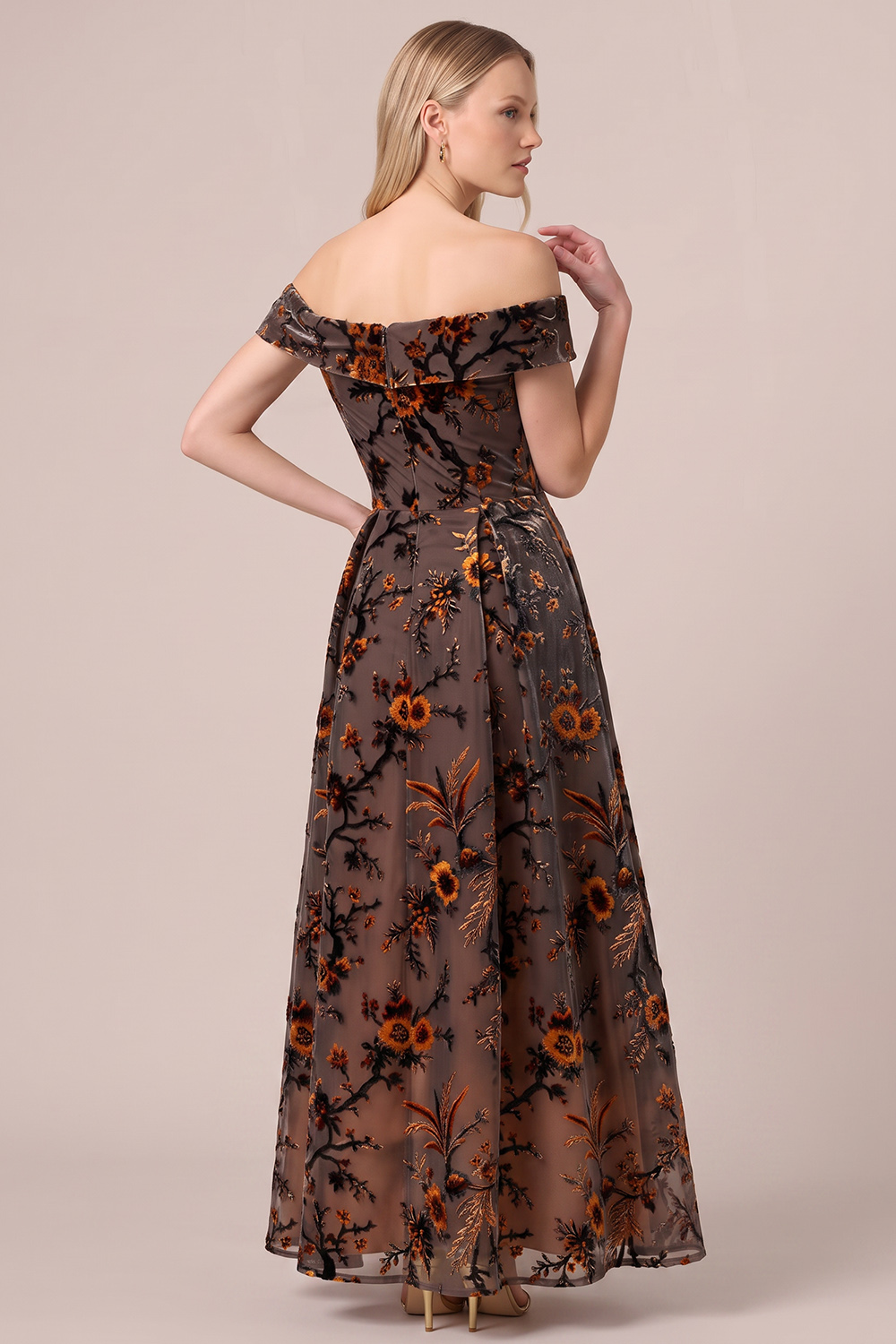 Brown A-Line Off the Shoulder Floral Long Wedding Guest Dress