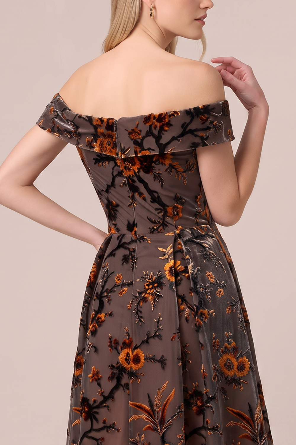 Brown A-Line Off the Shoulder Floral Long Wedding Guest Dress