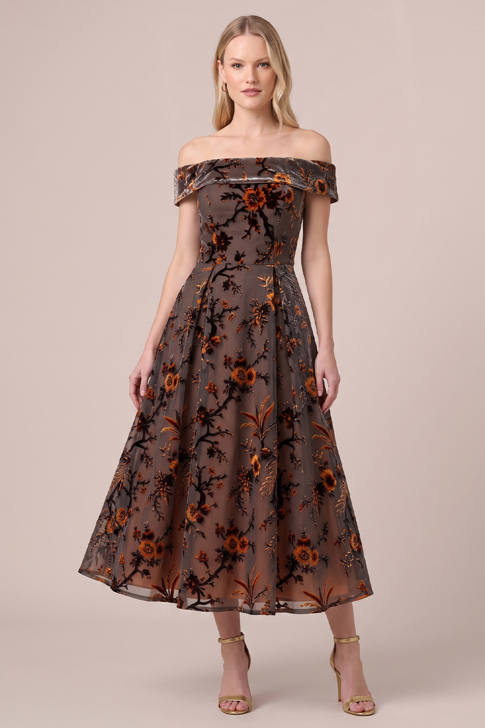 Brown Floral A-Line Off the Shoulder Midi Wedding Guest Dress