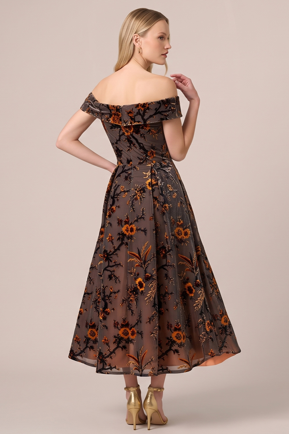 Brown Floral A-Line Off the Shoulder Midi Wedding Guest Dress