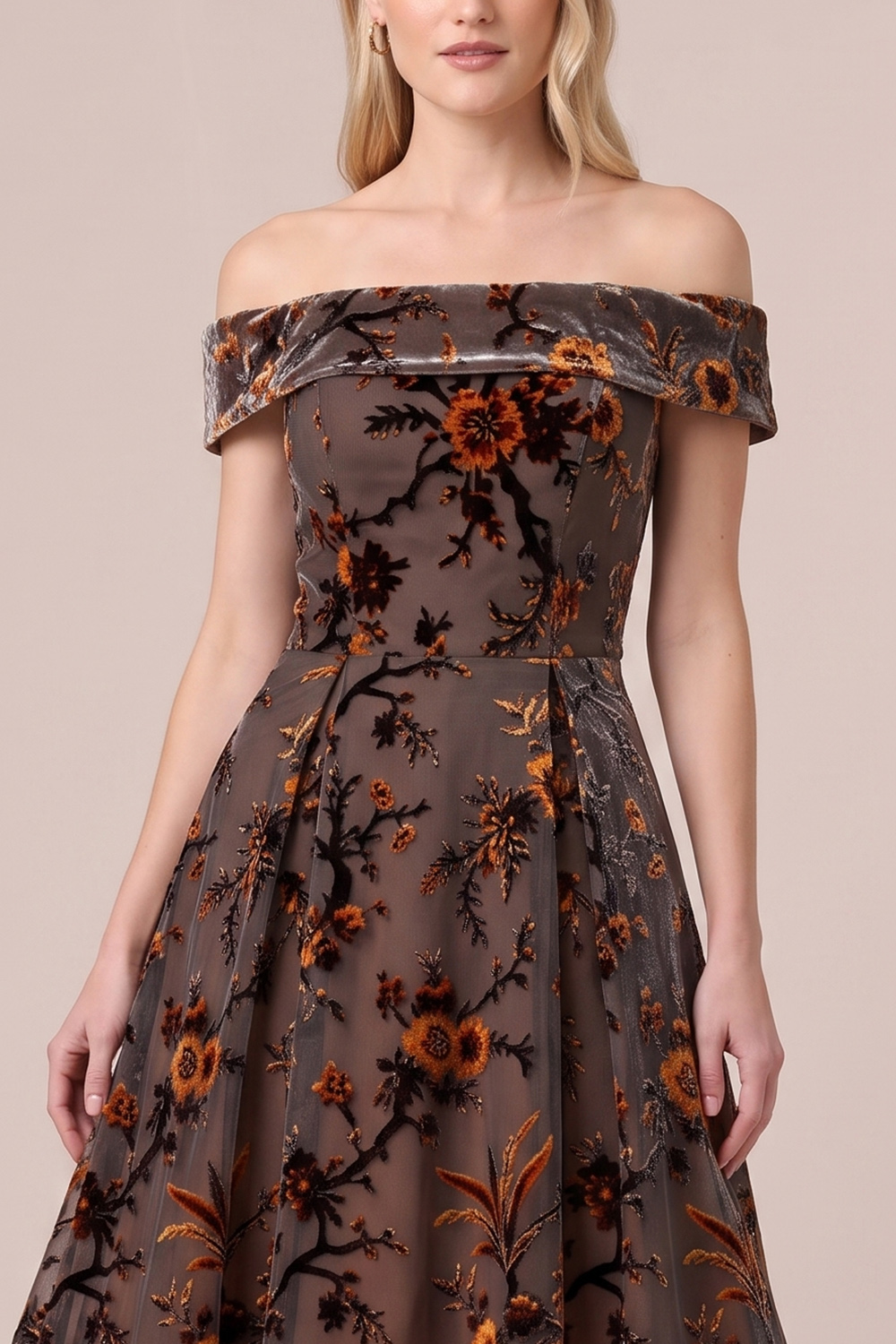 Brown Floral A-Line Off the Shoulder Midi Wedding Guest Dress