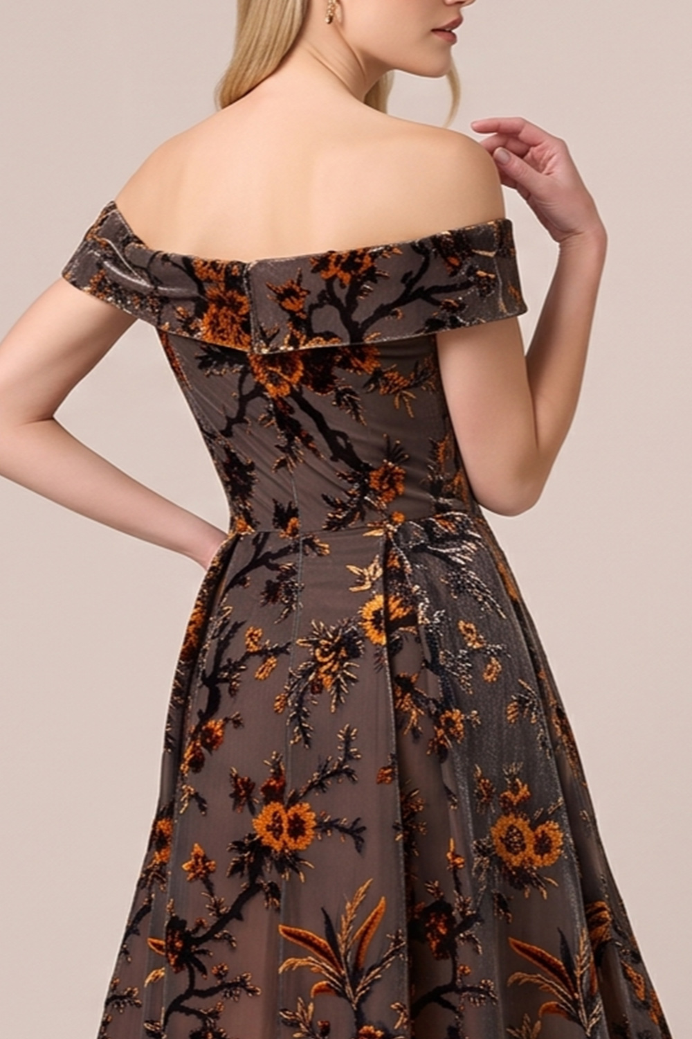 Brown Floral A-Line Off the Shoulder Midi Wedding Guest Dress