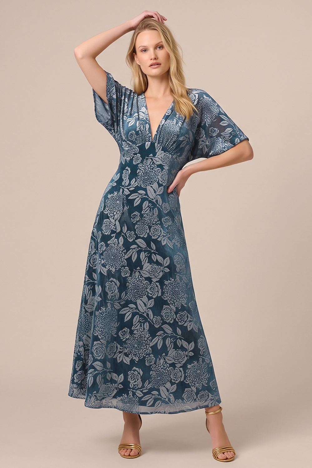 Blue Floral A-Line V-Neck Long Wedding Guest Dress