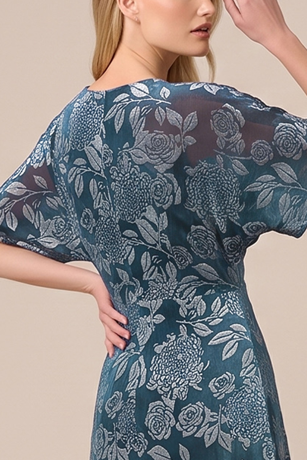 Blue Floral A-Line V-Neck Long Wedding Guest Dress